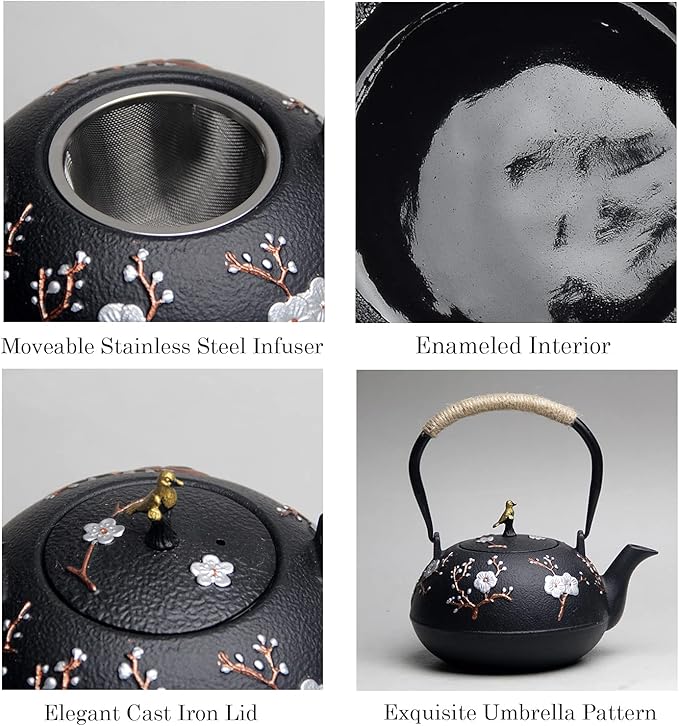 Cast Iron Teapot SECHUDO Teapot for Stovetop Safe Coated with Enameled Interior,Japanese Beautiful Tea Kettle with Stainless Steel Infuser for Loose Tea (40.6oz/1200ml)