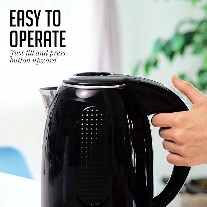 OVENTE Electric Kettle, 1.7L Double Wall Stainless Steel Insulated Water Boiler & Heater for Coffee or Tea, 1100W Fast Boiling with Auto Shut-Off, Boil-Dry Protection & Secure Locking Lid, Black KD64B