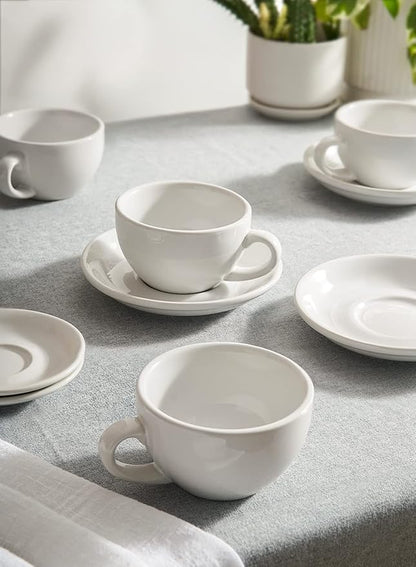 LE TAUCI 8 oz Cappuccino Cups with Saucers,Ceramic Large Coffee Cup for Au Lait, Double shot, Latte, Cafe Mocha, Tea - Set of 4, White