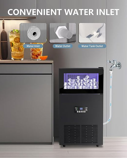 Commercial Ice Maker Machine 𝟏𝟐𝟎𝐋𝐛𝐬/𝐃𝐚𝐲, Undercounter Ice Makers 40Lbs Storage Bin and 45 Ice Trays, Outdoor Ice Maker Brushed Metal with Water Line, Ice Scoop, for Home, Bar, Party