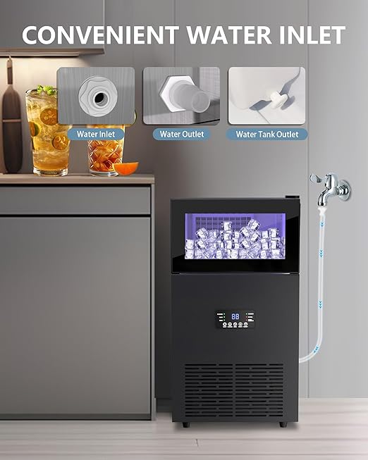 Commercial Ice Maker Machine 𝟏𝟐𝟎𝐋𝐛𝐬/𝐃𝐚𝐲, Undercounter Ice Makers 40Lbs Storage Bin and 45 Ice Trays, Outdoor Ice Maker Brushed Metal with Water Line, Ice Scoop, for Home, Bar, Party