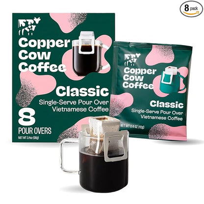 Copper Cow Premium Pour Over Single-Serve Vietnamese Coffee | Classic Black | Includes 8 coffees