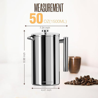 Utopia Kitchen Stainless Steel French Press Coffee Maker 50 Oz, French Press Tea Maker, Cold Brew Portable Travel Coffee Presses, Tea Press Gifts Silver