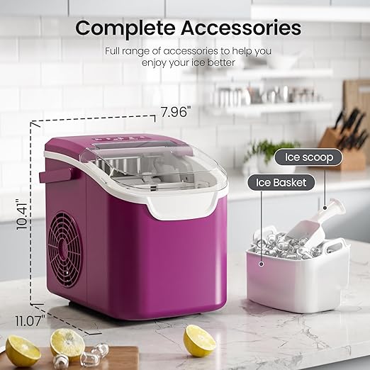 Kismile Ice Makers Countertop with Handle,8 Cubes in 6 Mins,Portable Ice Maker Machine with Self-Cleaning for Home/Office(Purple)