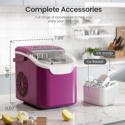 Kismile Ice Makers Countertop with Handle,8 Cubes in 6 Mins,Portable Ice Maker Machine with Self-Cleaning for Home/Office(Purple)
