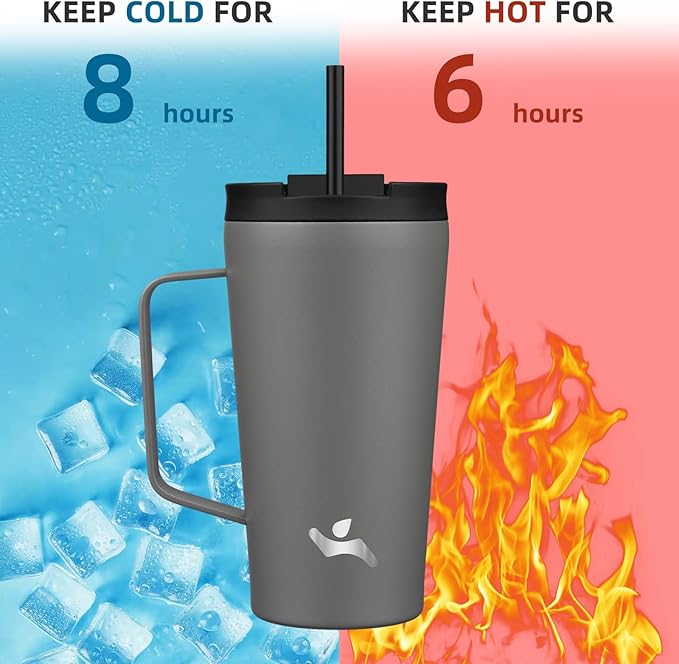 Insulated Tumbler with Handle and Straw, 18 OZ Travel Coffee Mug Stainless Steel Cup Metal Water Bottle,Grey