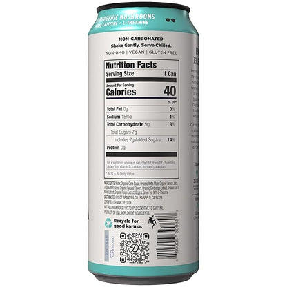 Daytrip Organic Yerba Mate Energy Drink- Clean, Plant Based Caffeine (200mg) with Adaptogenic Mushrooms and Green Tea for Focus and Brain Fog - Low Calorie, Low Sugar (12 Pack Case)