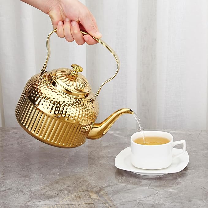 SANQIAHOME Antique 1.2L (40Oz) Stainless Steel Teapot with Infuser Gold
