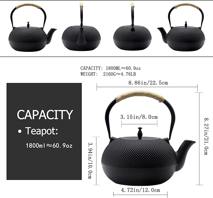 Big Cast Iron Teapot, Japanese Tetsubin Tea Kettle for Stovetop Safe, Cast Iron Tea Pot with Stainless Steel Infuser for Loose Tea and Enameled Interior(1800ml/60.9oz)