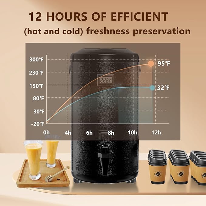 Insulated Beverage Dispenser, 12L/3.2gallon 304 thickened food-grade stainless steel Hot Drink Dispenser, Hot&Cold water urn with thermometer faucet for hot tea&coffee, cold milk, water, juice(Black)