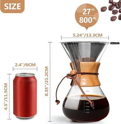 Pour Over Coffee Maker 27 OZ, 8 Cup Borosilicate Glass Drip Coffee Maker with Reusable Stainless Steel Filter and Cork Grip for Home Café 800 ML