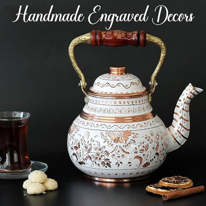 Vintage Copper Turkish TeaPot Tea Kettle Pot for Stovetop Stove Top Infuser Decorative Fancy Arabic Moroccan Party Serving Kitchen Antique Handmade Women Floral Unique Style Gooseneck Gift (Decor4)