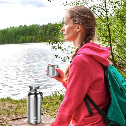 Insulated vacuum Thermo Bottle 500ml/16.9oz with cup Stainless steel coffee bottles for hot and cold drink water flask.(Silver,500ml)