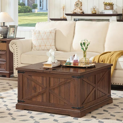 Farmhouse Coffee Table with Large Hidden Storage Compartment, Brown Retro Square Center Table, Wood Rustic Low Modern Living Room Tables with Hinged Lift Brown Top & Wooden Arc Base