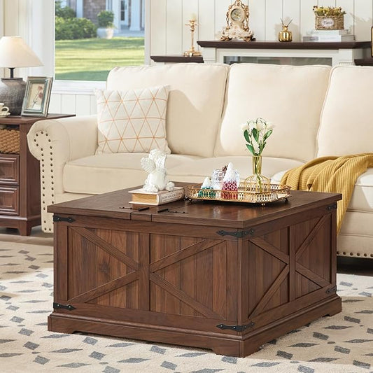 Farmhouse Coffee Table with Large Hidden Storage Compartment, Brown Retro Square Center Table, Wood Rustic Low Modern Living Room Tables with Hinged Lift Brown Top & Wooden Arc Base