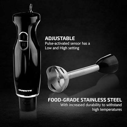 OVENTE Immersion Hand Blender, 300W Electric Handheld Portable Stick Mixer with 2 Mixing Speed and Stainless Steel Blades for Effortless Blending Smoothies, Shakes, Puree or Baby Food, Black HS560B