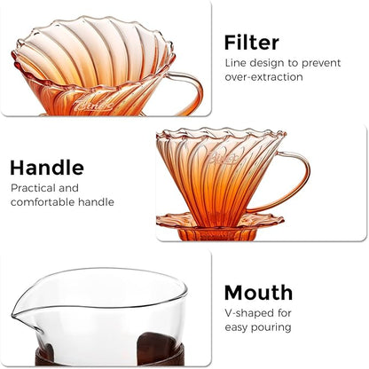Bincoo Pour Over Coffee Maker Set - 500ML Glass Coffee Server,Glass Carafe with Coffee Dripper and 50PCS Paper Filter, Drip Coffee Maker Set for Home Café Restaurant (Orange)