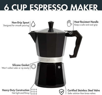 Primula Classic Stovetop Espresso and Coffee Maker, Moka Pot for Italian and Cuban Café Brewing, Greca Coffee Maker, Cafeteras, 6 Espresso Cups, Black