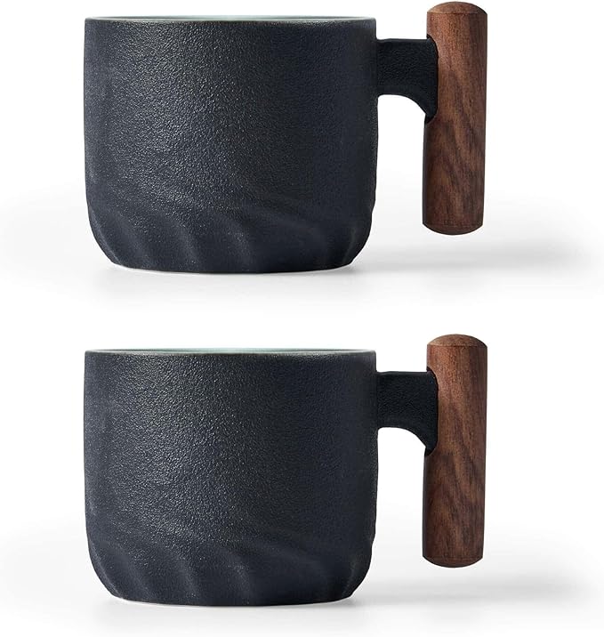 Ceramic Espresso Cups with Wooden Handle Espresso Shot Cups Ceramic Tea Cups Porcelain Demitessa Cups for Coffee or Tea, 3oz (black, 2)