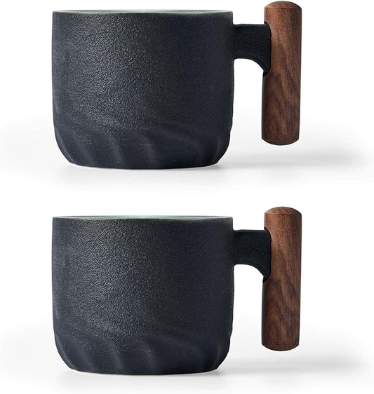 Ceramic Espresso Cups with Wooden Handle Espresso Shot Cups Ceramic Tea Cups Porcelain Demitessa Cups for Coffee or Tea, 3oz (black, 2)
