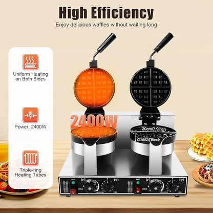 Commercial Waffle Maker, Double Head Waffle Maker Machine Belgian Round Waffle Iron Non-Stick Rotary Heating Pancake Machine with Temp & Time Control for Kitchen Restaurant (Stye 2)