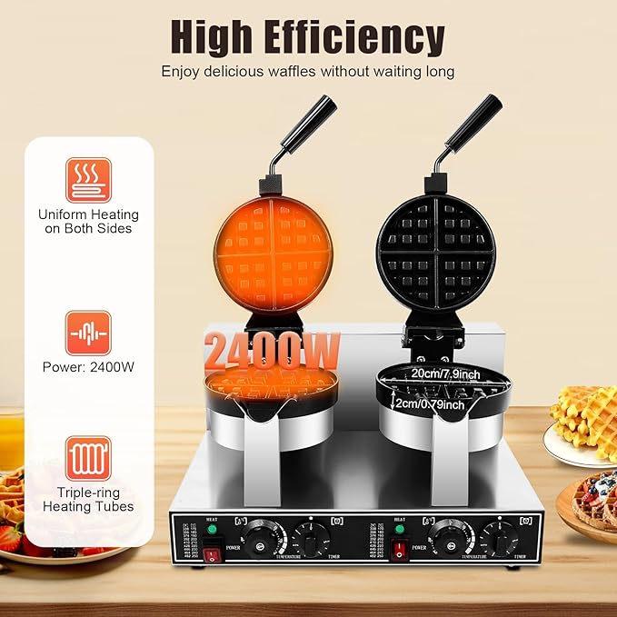 Commercial Dual-Head Rotating Non-Stick Round Belgian Waffle Maker - 2400W Stainless Steel Waffle Iron Machine for Restaurant or Bakery - Temperature and Time Control, 110V