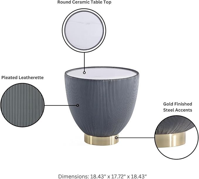 Manhattan Comfort Modern Anderson Coffee Table, 1.0 & 2.0 End Table, Upholstered in Grey Leatherette with Ceramic Faux Tabletop and Gold Metal Tabletop- Set of 3