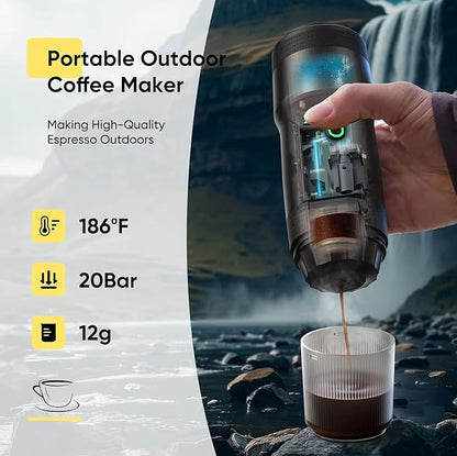 Portable Electric Espresso Machine - Self-Heating Travel Coffee Maker with USB-C, Compatible with Ground Coffee, NES & DG Capsules | Ideal for Camping, Car, Office, & Hiking