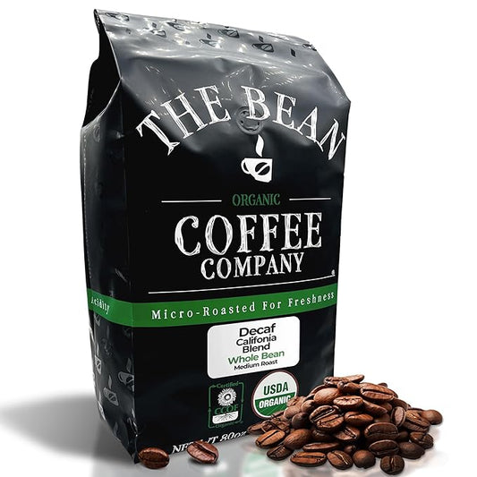 The Bean Organic Coffee Company Water Processed DECAF California Blend, Medium Roast, Whole Bean Coffee, 5-Pound Bag