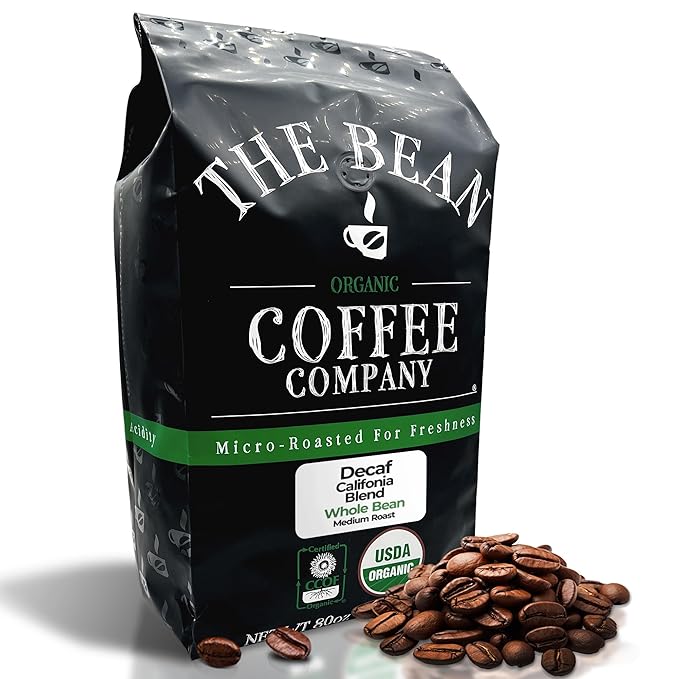 The Bean Organic Coffee Company Water Processed DECAF California Blend, Medium Roast, Whole Bean Coffee, 5-Pound Bag