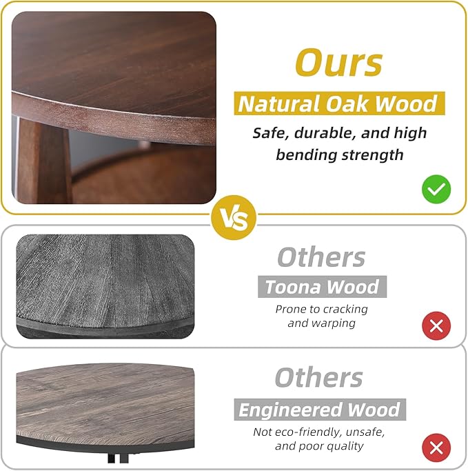 Round Coffee Table with Hidden Drawer - 20" D x 20" H Natural Wood Side Table with Drawer, 2-Tier Rustic Retro End Table with Storage, Small Coffee Table for Living Room, Dark Brown