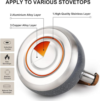 Tea Kettle, Vegoran 100 OZ / 3 Liter Whistling Tea Kettle, Tea Pots for Stove Top Food Grade Stainless Steel with Wood Pattern Folding Handle, Loud Whistle Kettle for Tea, Coffee, Milk (Gray)