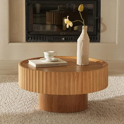 Round Coffee Table, Modern Living Room Tables with Mushroom Shape and Grooved Design, Circle Accent Pinewood Center Table for Living Room, Apartment (Nature Wood, 31.8''L×14.9''H)