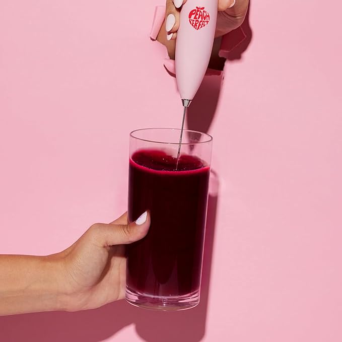 Milk Frother Handheld, Electric Drink Mixer for Coffee, Lattes, Powdered Supplements, Battery Operated (AA) Stainless Steel Frother Wand, 300W, Easy On/Off Switch, Stand Included, Pink