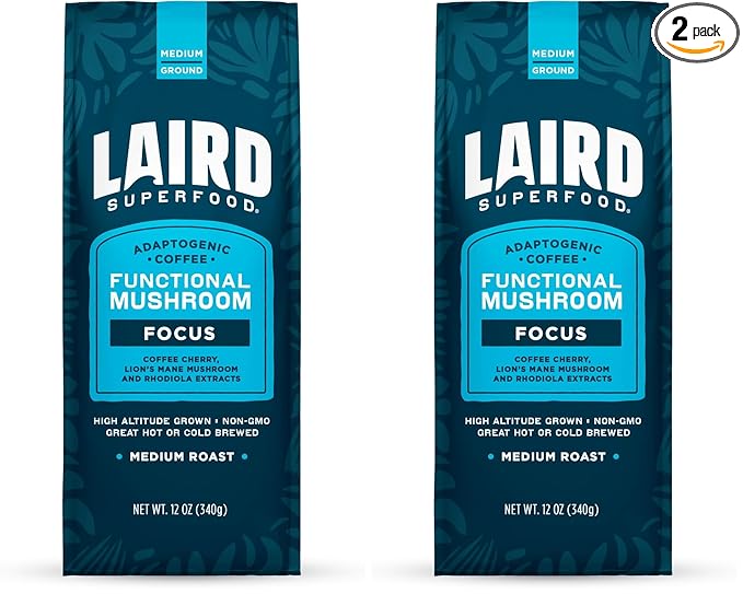 Laird Superfood Focus Coffee, Medium Roast Ground Coffee Infused with Functional Mushrooms and Botanical Adaptogens, 12 oz. Bag (Pack of 2)