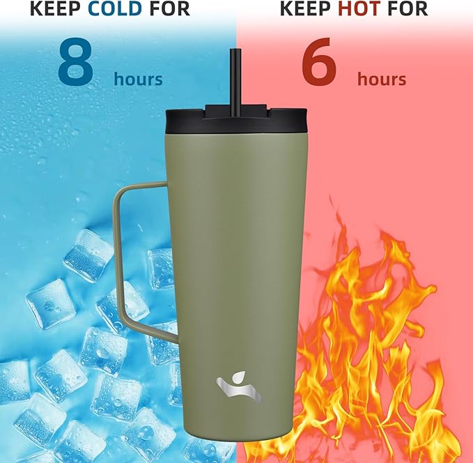 Insulated Tumbler with Handle and Straw, 22 OZ Travel Coffee Mug Stainless Steel Cup Metal Water Bottle,Camp Green