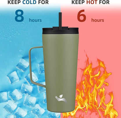 Insulated Tumbler with Handle and Straw, 22 OZ Travel Coffee Mug Stainless Steel Cup Metal Water Bottle,Camp Green