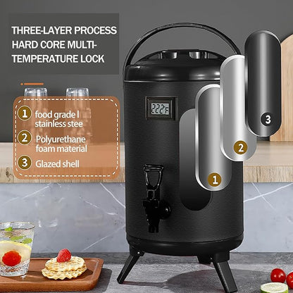Insulated Beverage Dispenser, 12L/3.2gallon 304 thickened food-grade stainless steel Hot Drink Dispenser, Hot&Cold water urn with thermometer faucet for hot tea&coffee, cold milk, water, juice(Black)