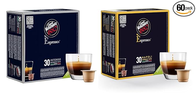Caffe' Vergnano 1882 Medium Roast Espresso Bundle, Intenso (8/10) & Napoli (10/10) Capsules, Single-Serve Italian Coffee Pods Compatible with Nespresso Machines, 60 Ct