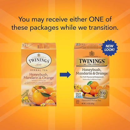 Twinings Honeybush, Mandarin, & Orange Herbal Tea Individually Wrapped Bags, 20 Count (Pack of 1), Naturally Caffeine-Free, Enjoy Hot or Iced, 20 Teabags