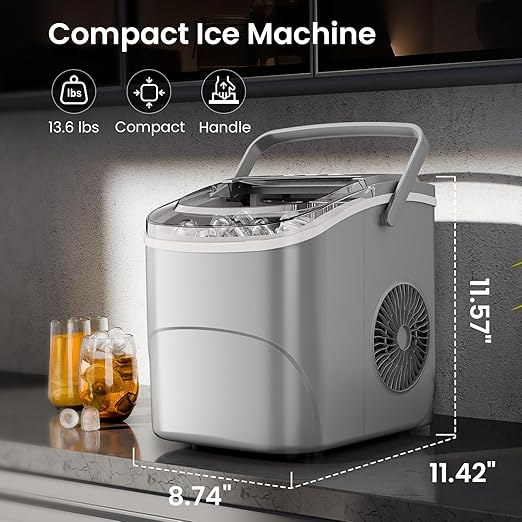 AGLUCKY Ice Makers Countertop with Handle,26.5Lbs/24H,9 Cubes in 6 Mins,2 Sizes of Bullet Ice,Portable Machine with Self-Cleaning,Perfect for Home Kitchen(Grey)