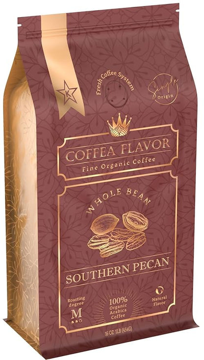 Southern Pecan Flavored Whole Bean Coffee – Organic, Medium Roast, 100% Arabica, Single Origin – Naturally Flavored – by Coffea Flavor