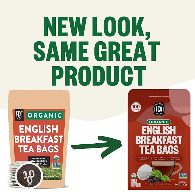 FGO Organic English Breakfast Black Tea, 100 Count, Eco-Conscious Tea Bags, Resealable Bag, Packaging May Vary (Pack of 1)