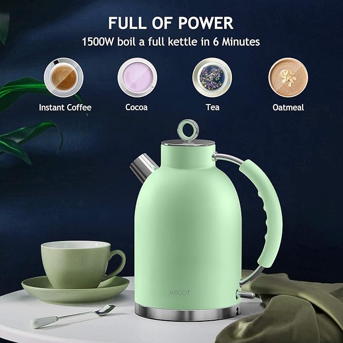 Electric Kettle ASCOT, Tea Kettle Hot Water Kettle Stainless Steel Kettle 1.5L 1500W Retro Tea Heater & Boiling Water, Auto Shut-Off and Boil-Dry Protection (Matte Green)