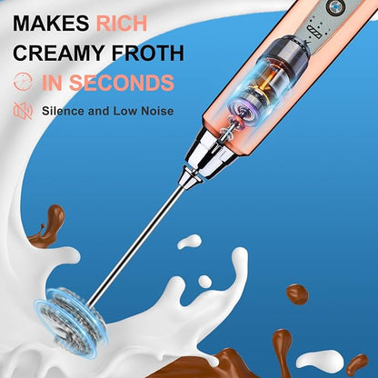YUSWKO Rose Gold Handheld Milk Frother Wand for Coffee, Rechargeable Electric Whisk with 3 Heads 3 Speeds Drink Mixer Coffee Frother For Latte, Cappuccino, Hot Chocolate, Egg