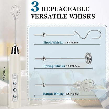 Milk Frother Handheld for Coffee, Electric Whisk 3 Speed Adjustable, Drink Mixer with Stainless 3 Whisks, Rechargeable Hand Frother Wand, for Latte Cappuccino Hot Chocolate Egg Beige