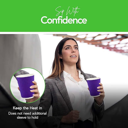Restaurantware-12 Ounce Disposable Coffee Cups, 500 Ripple Wall Hot Cups For Coffee - Lids Sold Separately, Rolled Rim, Royal Purple Paper Insulated Coffee Cups, For Hot Coffee, Tea, And More