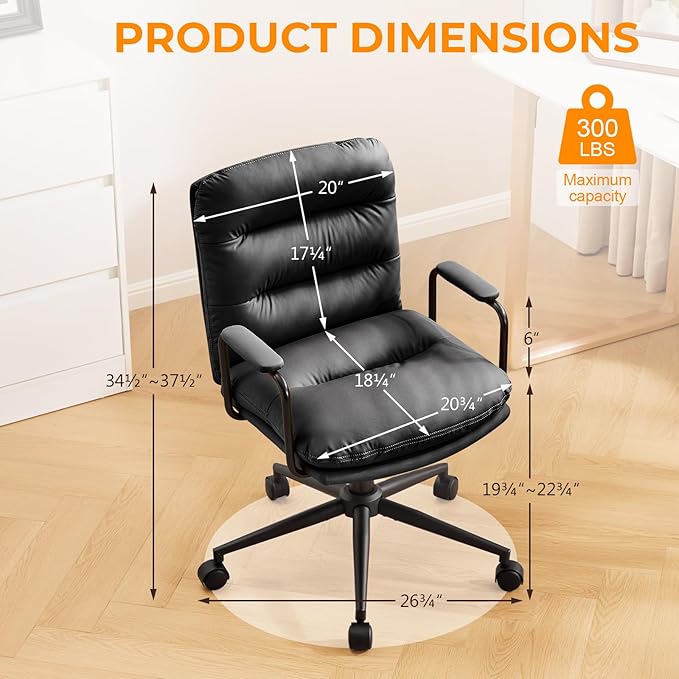 Furniliving Leather Home Desk Chair, Comfortable Executive Office Chair with Wheels, Ergonomic Computer Task Chair Adjustable Height, Black