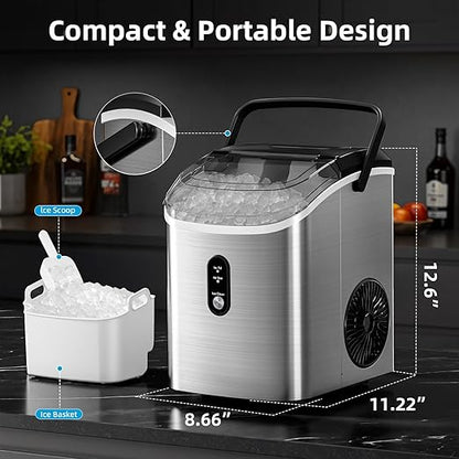 Antarctic Star Nugget Ice Maker Countertop with Soft Chewable Ice, Portable Sonic Ice Maker with Basket and Scoop, Removable Top Cover, Auto-Cleaning for Home/Party/RV/Camping (Stainless Steel Silver)