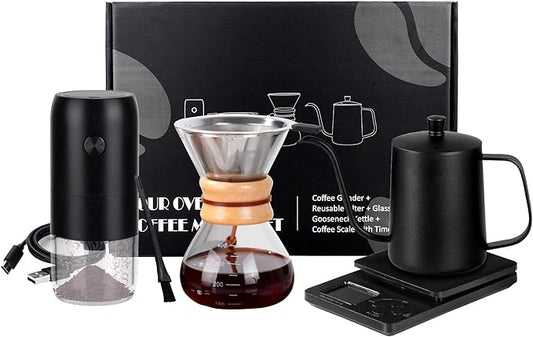Pour Over Coffee Dripper Set, Hand Drip Coffee Maker Set, All in One Pour Over Kit with Electric Grinder, Coffee Dripper Set, Ideal for Anniversary Birthday Gift